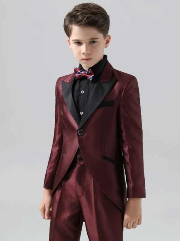 Burgundy 4-piece Long Sleeve Wedding Boys Wedding Suits 2024 Coat Pants Shirt Tie