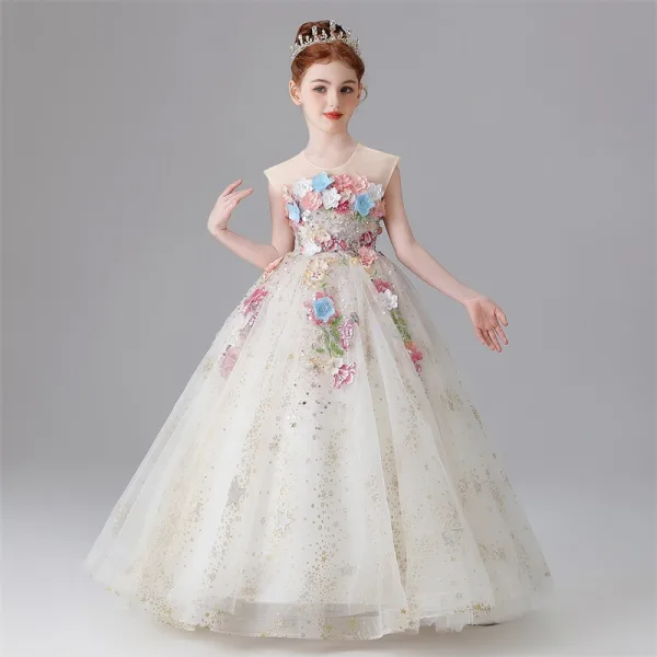 Flower Fairy Sky Blue Sequins Lace Flower Appliques Birthday Flower Girl Dresses 2025 Ball Gown Scoop Neck Sleeveless Floor-Length / Long