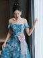 Fancy Ocean Blue Printing Prom Dresses 2022 A-Line / Princess Off-The-Shoulder Short Sleeve Backless Bow Floor-Length / Long Formal Dresses