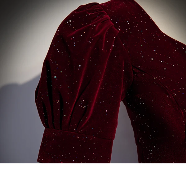 Vintage / Retro Burgundy Sequins Velvet Prom Dresses 2023 A-Line / Princess Square Neckline Short Sleeve Backless Floor-Length / Long Formal Dresses