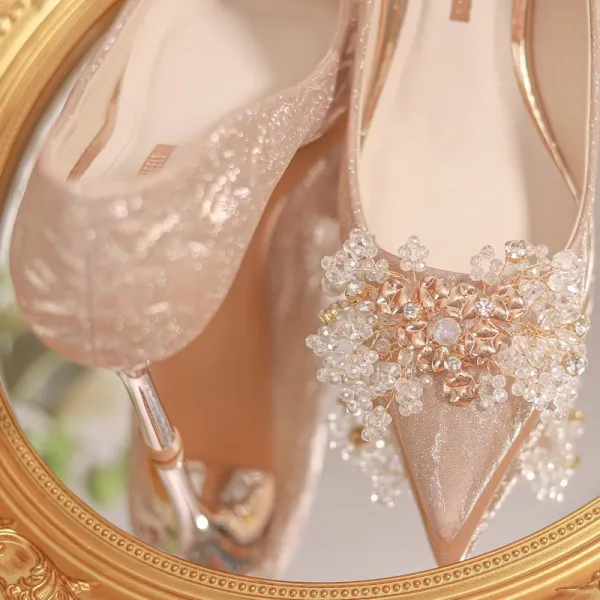 Charmant Champagner Glanz Strass Pailletten Brautschuhe 2023 8 cm Stilettos Spitzschuh Hochzeit Pumps Hochhackige