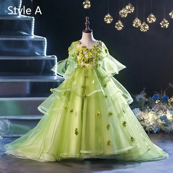 Flower Fairy Sage Green Appliques Birthday Flower Girl Dresses 2024 Ball Gown V-Neck Bell sleeves Floor-Length / Long
