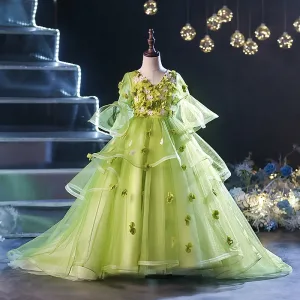 Fée Des Fleurs Vert Cendré Appliques Anniversaire Robe Ceremonie Fille 2024 Robe Boule V Cou Manches De Cloche Longue