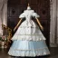 Médiévale Vintage / Originale Bleu Ciel Faux Diamant En Dentelle Fleur Volants en Cascade Robe De Bal 2026 Robe Boule Bretelles Spaghetti Gonflée Manches Courtes Dos Nu Longue