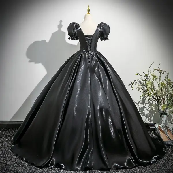 Elegant Black Lace Flower Prom Dresses 2025 Ball Gown Square Neckline Puffy Short Sleeve Backless Sweep Train Prom Formal Dresses Elegant Black Lace Flower Prom Dresses 2025 Ball Gown Square Neckline Puffy Short Sleeve Backless Sweep Train Prom Formal Dresses