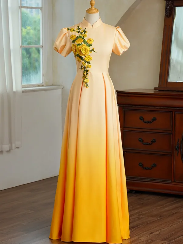 green emerald velvet dress A Line V Neck Yellow Satin Long Prom Dresses, V Neck Backless Yellow W –  morievent main image 0
