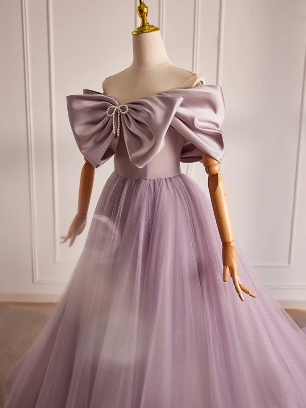 Elegant Lavender Beading Bow Prom Dresses 2024 Ball Gown Off-The-Shoulder Short Sleeve Backless Floor-Length / Long Formal Dresses