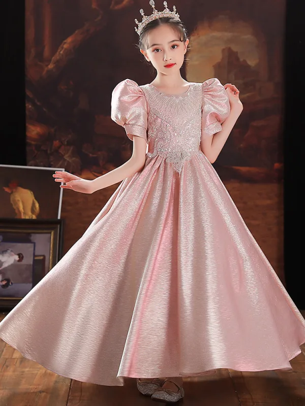 Lovely Blushing Pink Satin Birthday Flower Girl Dresses 2022 A-Line / Princess Scoop Neck Short Sleeve Beading Sequins Bow Floor-Length / Long