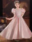 Lovely Blushing Pink Satin Birthday Flower Girl Dresses 2022 A-Line / Princess Scoop Neck Short Sleeve Beading Sequins Bow Floor-Length / Long