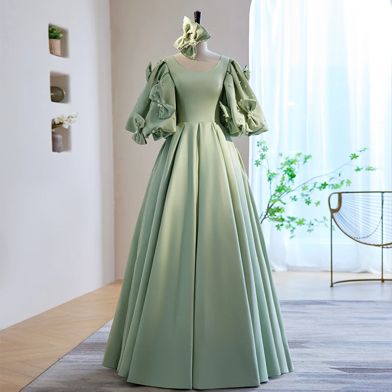 Elegant Sage Green Satin Prom Dresses 2023 A-Line Princess Scoop Neck Puffy Short Sleeve