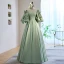 Elegant Sage Green Satin Prom Dresses 2023 A-Line / Princess Scoop Neck Puffy Short Sleeve Pearl Bow Floor-Length / Long Prom Formal Dresses