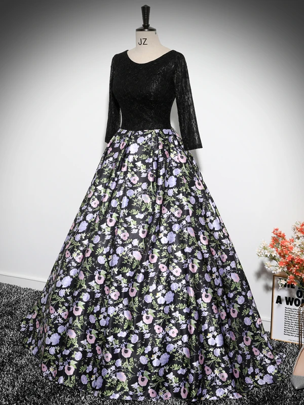 Vintage / Retro Black Printing Prom Dresses 2024 Ball Gown Scoop Neck Long Sleeve Backless Floor-Length / Long Prom Formal Dresses