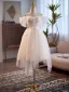 Modest / Simple White Beading Pearl Short / Mini Wedding Dresses 2024 A-Line / Princess Off-The-Shoulder Short Sleeve Backless Tulle Wedding