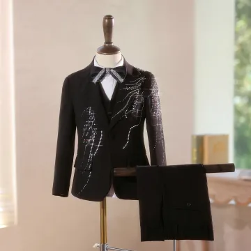 Fashion Black Rhinestone Long Sleeve 5 Piece Boys Wedding Suits 2025 Coat Pants Shirt Tie Vest