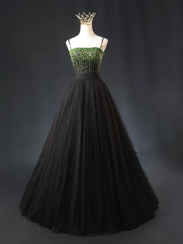 Haut de Gamme Noire Perlage Paillettes Robe De Bal 2024 Robe Boule Bretelles Spaghetti Sans Manches Dos Nu Longue Robe De Ceremonie