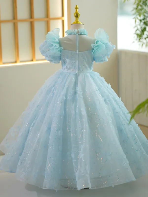 Chic / Beautiful Sky Blue Pearl Tassel Sequins Appliques Birthday Flower Girl Dresses 2023 Ball Gown High Neck Puffy Short Sleeve Backless Floor-Length / Long