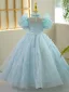 Chic / Beautiful Sky Blue Pearl Tassel Sequins Appliques Birthday Flower Girl Dresses 2023 Ball Gown High Neck Puffy Short Sleeve Backless Floor-Length / Long