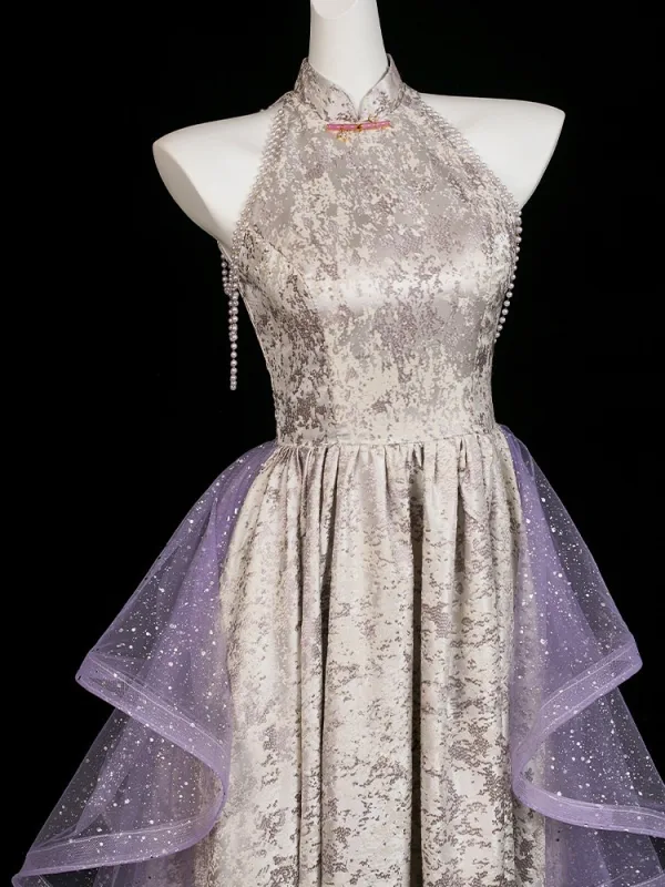 Bling Bling Grau Perle Pailletten Ballkleider 2026 A Linie Neckholder Ärmellos Rückenfreies Lange Festliche Kleider