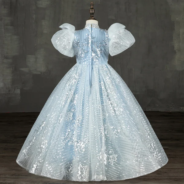 Sparkly Charming Sky Blue Beading Sequins Lace Flower Flower Girl Dresses 2022 Ball Gown High Neck Puffy Short Sleeve Floor-Length / Long Prom Flower Girl Dresses