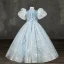 Sparkly Charming Sky Blue Beading Sequins Lace Flower Flower Girl Dresses 2022 Ball Gown High Neck Puffy Short Sleeve Floor-Length / Long Prom Flower Girl Dresses