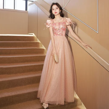 Chic Belle Rougissant Rose Paillettes Robe De Bal 2024 Princesse Encolure Carrée Gonflée Manches Courtes Longue Promo Robe De Ceremonie