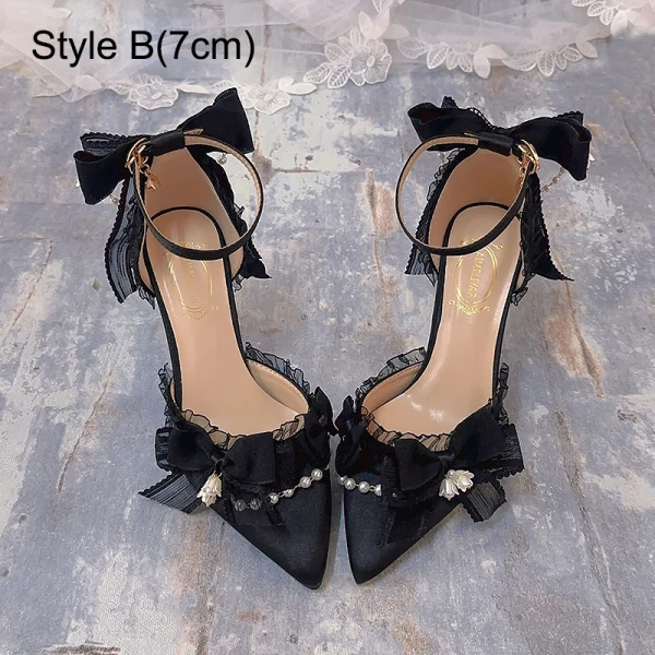 Charmant Noire Perle Noeud Bride Cheville Promo Sandales Femme 2024 9 cm Talons Aiguilles À Bout Pointu Sandales Talons Hauts