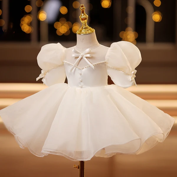 Elegant Beige Pearl Bow Birthday Flower Girl Dresses 2022 Ball Gown Scoop Neck Puffy Short Sleeve Short Flower Girl Dresses