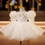 Elegant Beige Pearl Bow Birthday Flower Girl Dresses 2022 Ball Gown Scoop Neck Puffy Short Sleeve Short Flower Girl Dresses