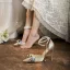 Elegant Champagne Satin Appliques Pearl Ankle Strap Wedding Shoes 2023 10 cm Stiletto Heels Pointed Toe Wedding High Heels
