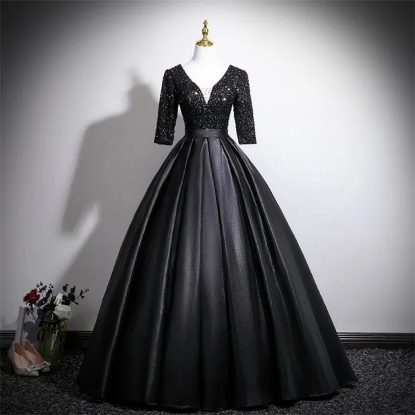 Vintage / Retro Black Sequins Prom Dresses 2025 Ball Gown V-Neck 3/4 Sleeve Backless Floor-Length / Long Formal Dresses