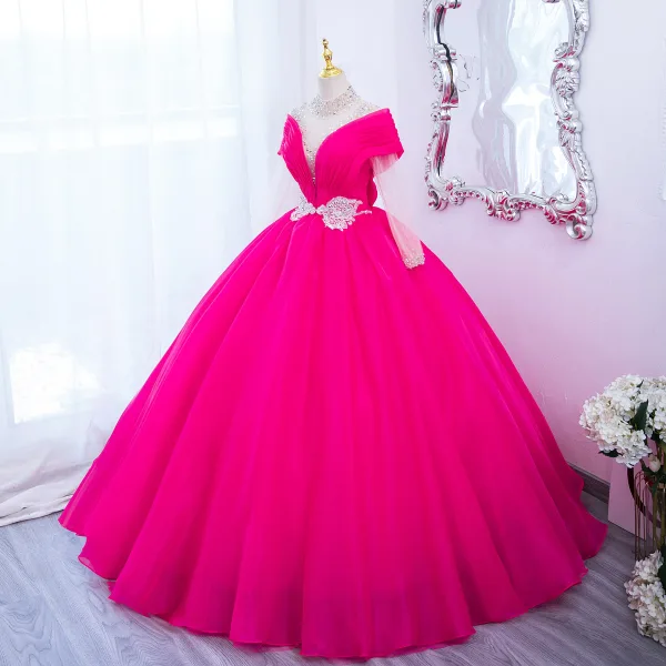 Fancy Fuchsia Beading Butterfly Sequins Prom Dresses 2024 Ball Gown High Neck Long Sleeve Backless Floor-Length / Long Prom Formal Dresses