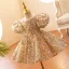 Scintillantes Doré Paillettes Anniversaire Courte Robe Ceremonie Fille 2022 Robe Boule Encolure Dégagée Gonflée Manches Courtes Noeud Robe Ceremonie Fille