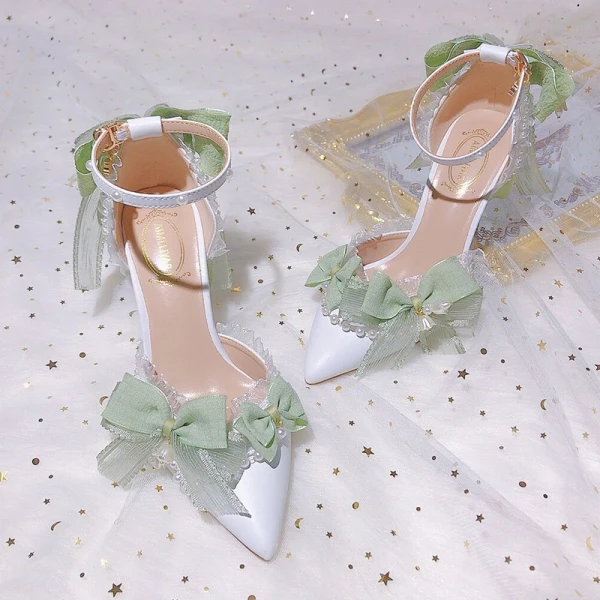 Fashion Sage Green Pearl Bow Prom Womens Sandals 2024 Ankle Strap 9 cm Stiletto Heels Pointed Toe Womens Shoes High Heels