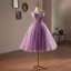 Chic / Belle Lilas Glitter Paillettes Courte Corset  de retour Robe De Graduation 2024 Princesse Bretelles Spaghetti Sans Manches Dos Nu Robe De Ceremonie