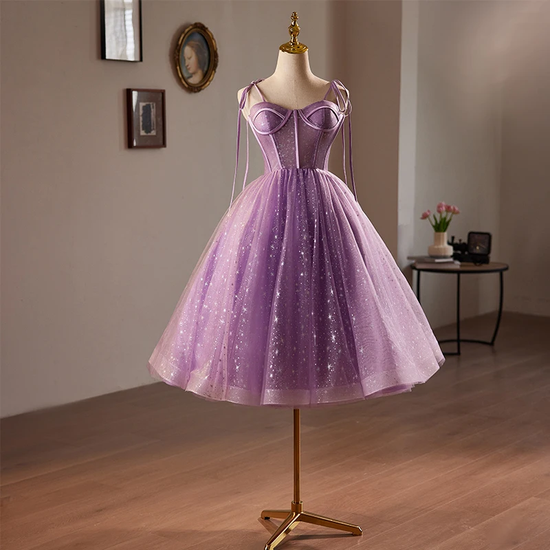 Chic / Beautiful Lilac Glitter Sequins Short Corset Homecoming Graduation Dresses  2024 A-Line / Princess Spaghetti Straps Sleeveless Backless Formal Dresses