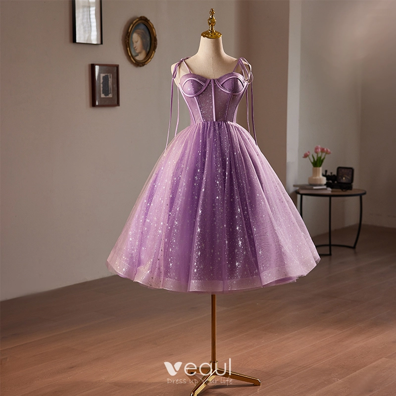 Chic / Beautiful Lilac Glitter Sequins Short Corset Homecoming Graduation  Dresses 2024 A-Line / Princess Spaghetti Straps Sleeveless Backless Formal  Dresses