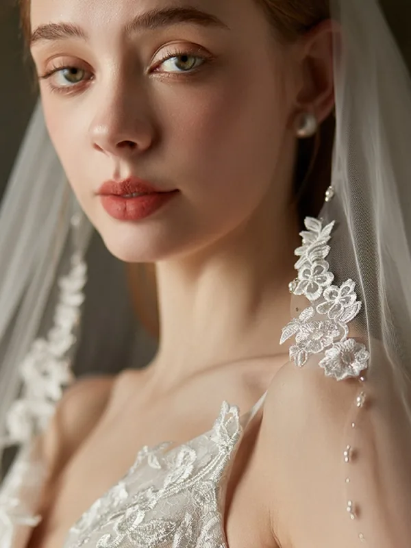 Élégant Blanche Fait main Perle En Dentelle Fleur La Mariée Voile De Mariée 2025 Tulle