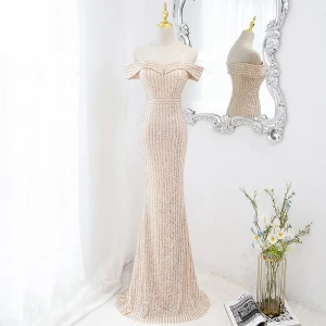 Sparkly Champagne Sequins Evening Dresses 2022 Trumpet Mermaid Off The Shoulder Short Sleeve Backless Floor Length Long Evening Party Formal Dresses