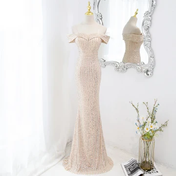 Sparkly Champagne Sequins Evening Dresses 2022 Trumpet Mermaid Off The Shoulder Short Sleeve Backless Floor Length Long Evening Party Formal Dresses