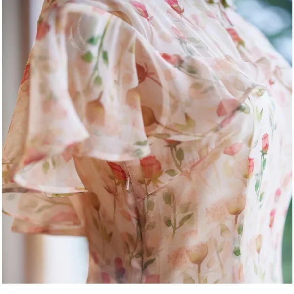 Style Chinois Chic / Belle Beige Impression Cheongsam 2024 Trompette / Sirène Col Haut Manches Courtes Longue
