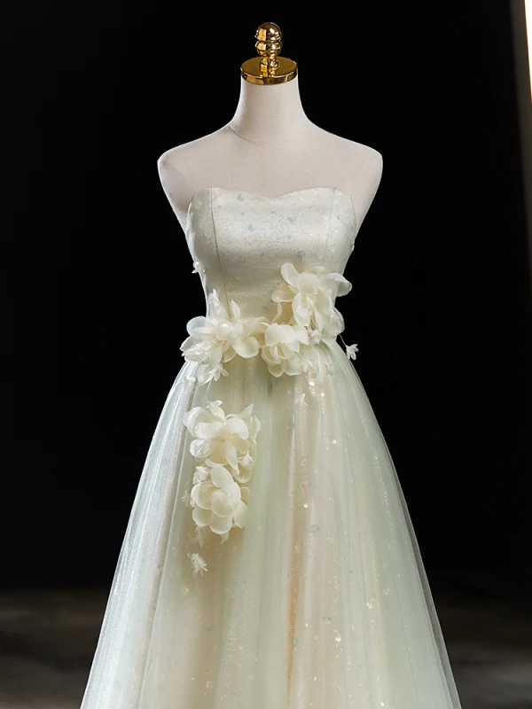 Chic / Beautiful Sage Green Sequins Appliques Prom Dresses 2024 A-Line / Princess Strapless Sleeveless Backless Bow Floor-Length / Long Prom Formal Dresses