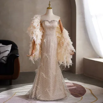 Sexy Champagne Perlage Faux Diamant Paillettes Plumes Robe De Soirée 2026 Trompette Sirène Bustier Sans Manches Dos Nu Longue Soirée Robe De Ceremonie