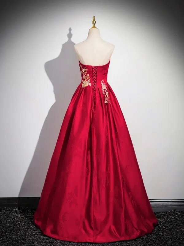 Chinese style Burgundy Beading Embroidered Prom Dresses 2024 Satin Ball Gown Strapless Sleeveless Backless Floor-Length / Long Prom Formal Dresses