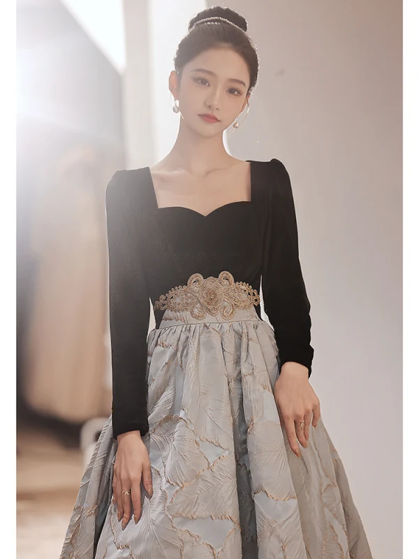 Chic / Beautiful Black Suede Prom Dresses 2022 A-Line / Princess Square Neckline Rhinestone Long Sleeve Floor-Length / Long Formal Dresses