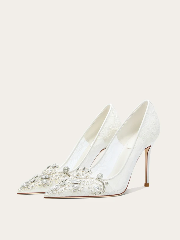 Élégant Blanche Faux Diamant Chaussure De Mariée 2024 Cuir 10 cm Talons Aiguilles À Bout Pointu Mariage Escarpins Talons Hauts