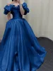 Vintage / Retro Modest / Simple Royal Blue Prom Dresses 2023 Ball Gown Off-The-Shoulder Puffy Short Sleeve Backless Floor-Length / Long Prom Formal Dresses