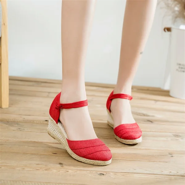 Modest / Simple Red Summer Street Wear Womens Sandals 2023 Ankle Strap 6 cm Wedges Round Toe Sandals