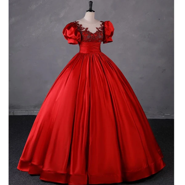 Élégant Rouge Perlage En Dentelle Fleur Robe De Bal 2023 Robe Boule Satin Encolure Dégagée Gonflée Manches Courtes Dos Nu Longue Promo Robe De Ceremonie