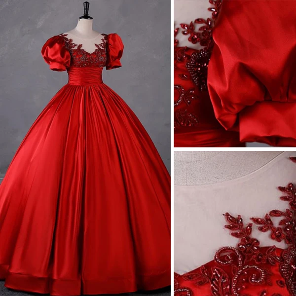 Élégant Rouge Perlage En Dentelle Fleur Robe De Bal 2023 Robe Boule Satin Encolure Dégagée Gonflée Manches Courtes Dos Nu Longue Promo Robe De Ceremonie