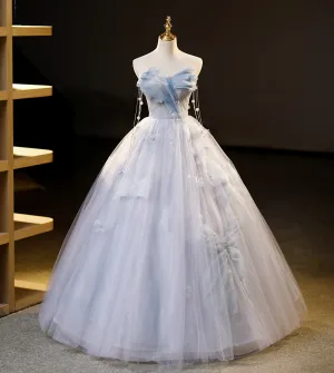 Charmant Bleu Ciel Glitter Perle Paillettes Robe De Bal 2023 Robe Boule Bustier Sans Manches Dos Nu Longue Promo Robe De Ceremonie